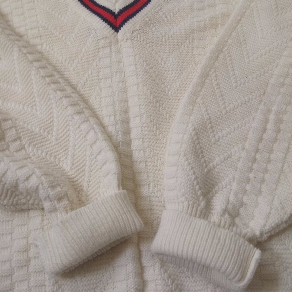 Vtg 80s 90s Large Ivory V Neck Preppy Tennis Pullover Sweater Red Blue Stripe - Picture 4 of 5
